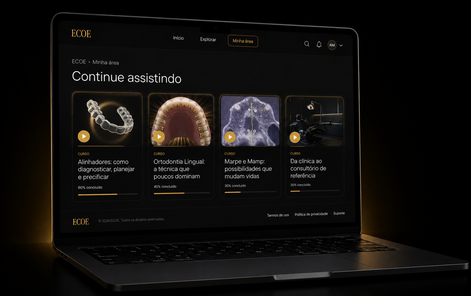 Área de membros ECOE em um notebook mostrando os 4 workshops disponíveis para assistir